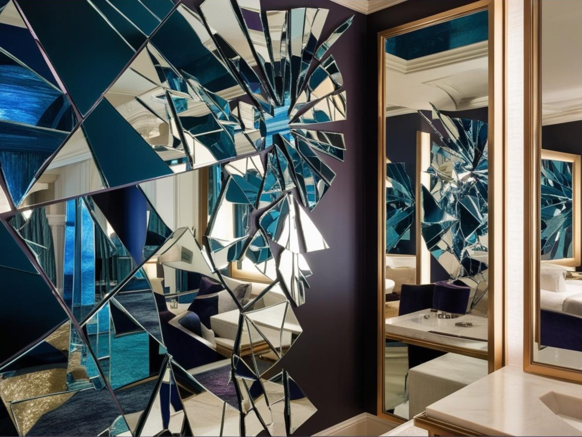 abstract shattered mirror wall decoration in hotel environment