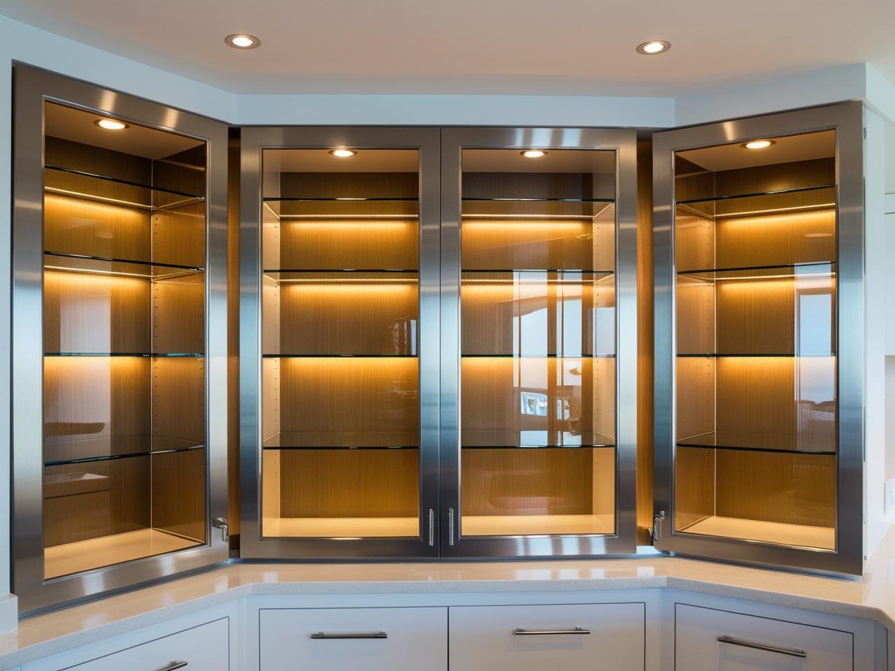 luxury cabinets made out of glass with Led inside illuminating the interior. the tinted glasses are held by stainless steel frames around the glass in luxury villa kitchen 1