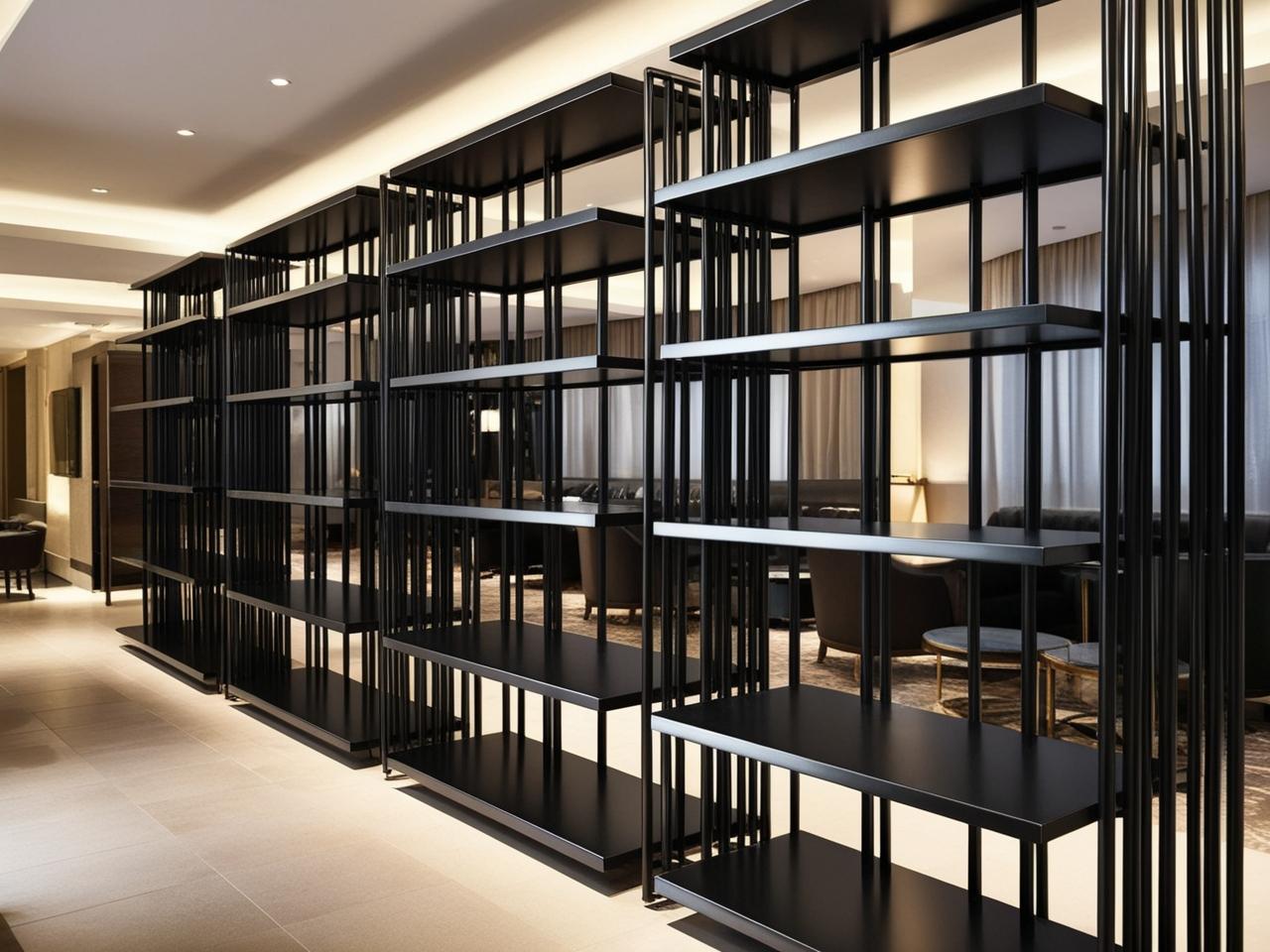 luxury steel shelves made from black powdercoated mild steel square hollow tubes in hotel environment